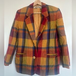 Vintage 90s Chaus Petites Plaid Wool Blend Blazer Mustard Red Navy Size 6P